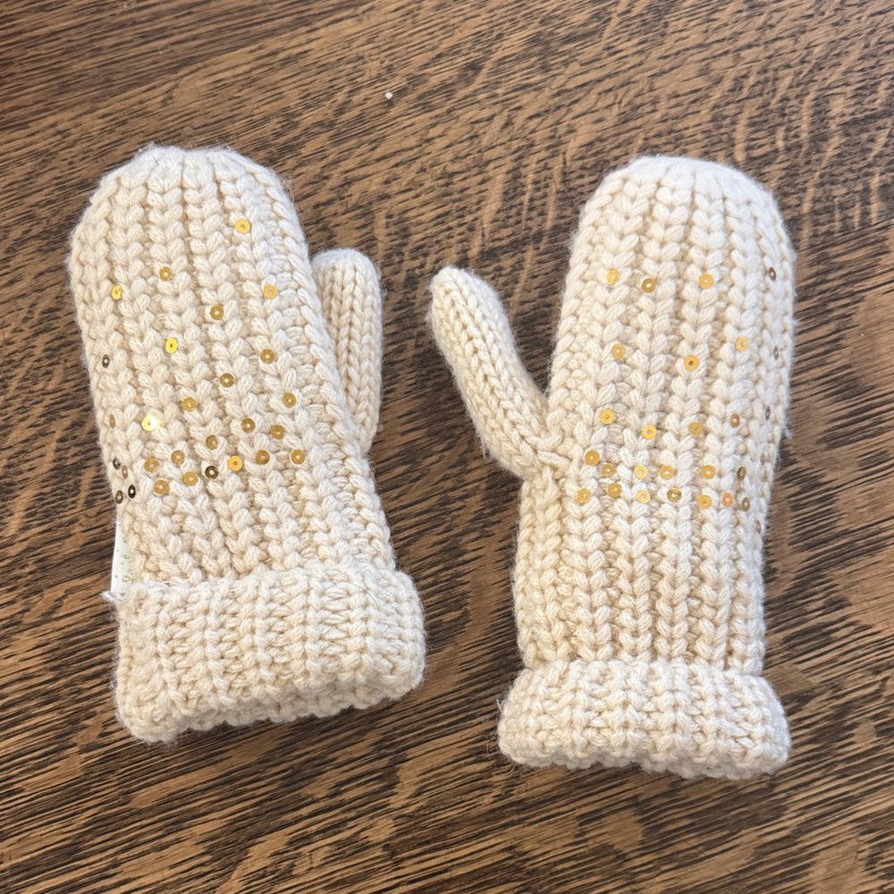 Cream Knit Mittens with Gold Sequins
